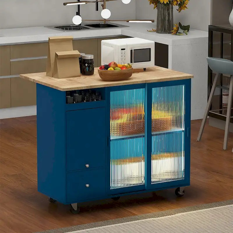 Kitchen Island Cart with Drop Leaf, LED Light and Changeable Wheels or Feet