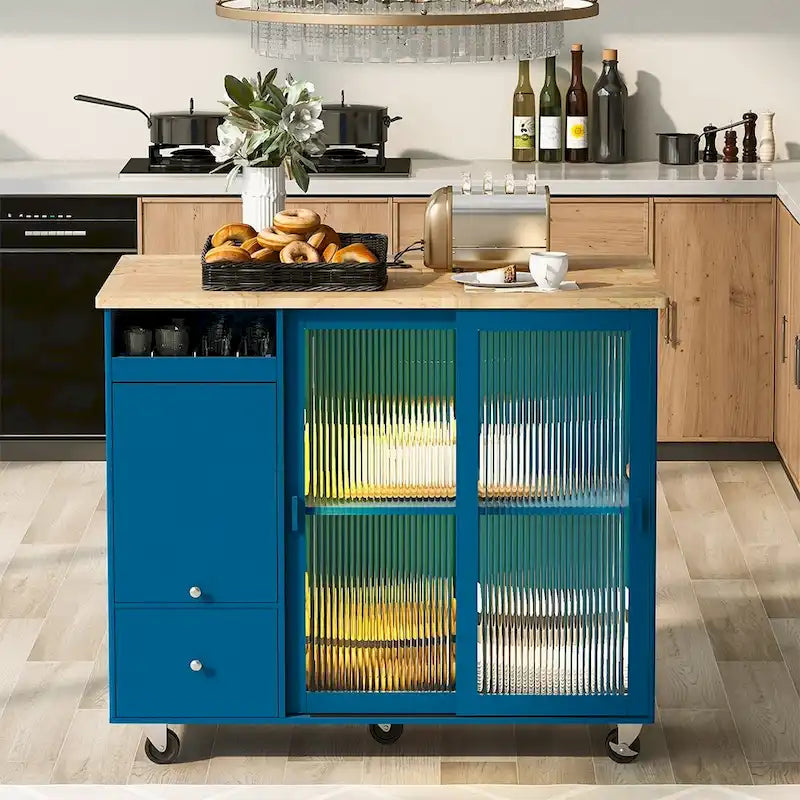 Kitchen Island Cart with Drop Leaf, LED Light and Changeable Wheels or Feet