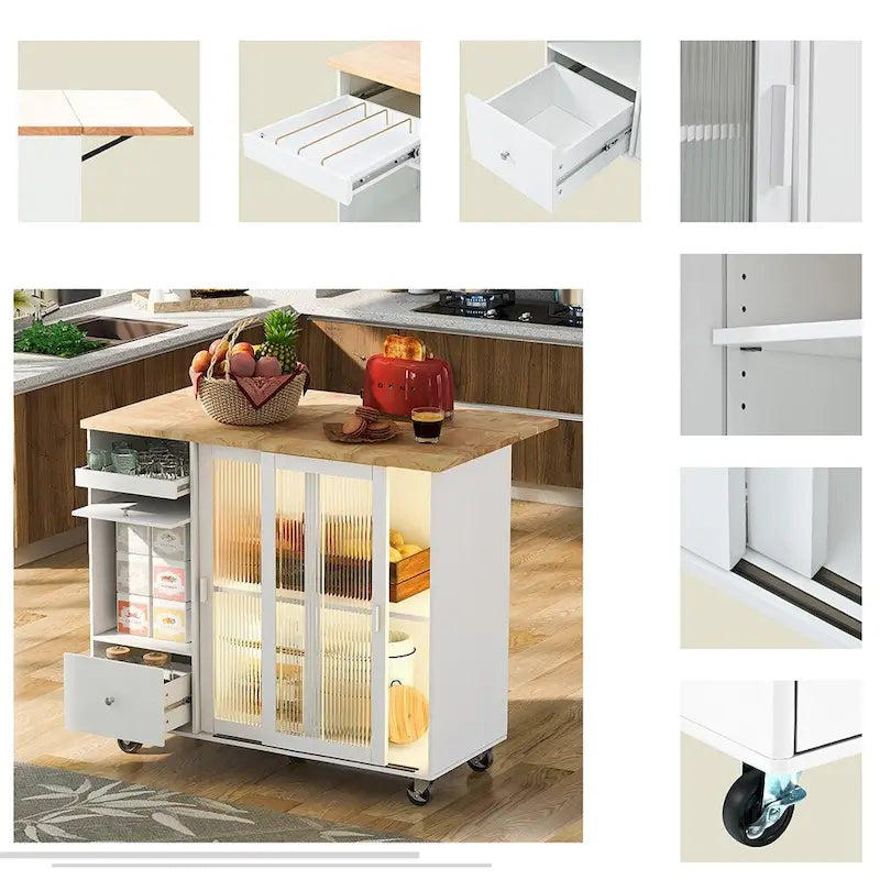 Kitchen Island Cart with Drop Leaf, LED Light and Changeable Wheels or Feet