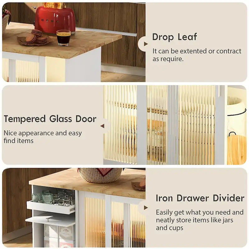 Kitchen Island Cart with Drop Leaf, LED Light and Changeable Wheels or Feet
