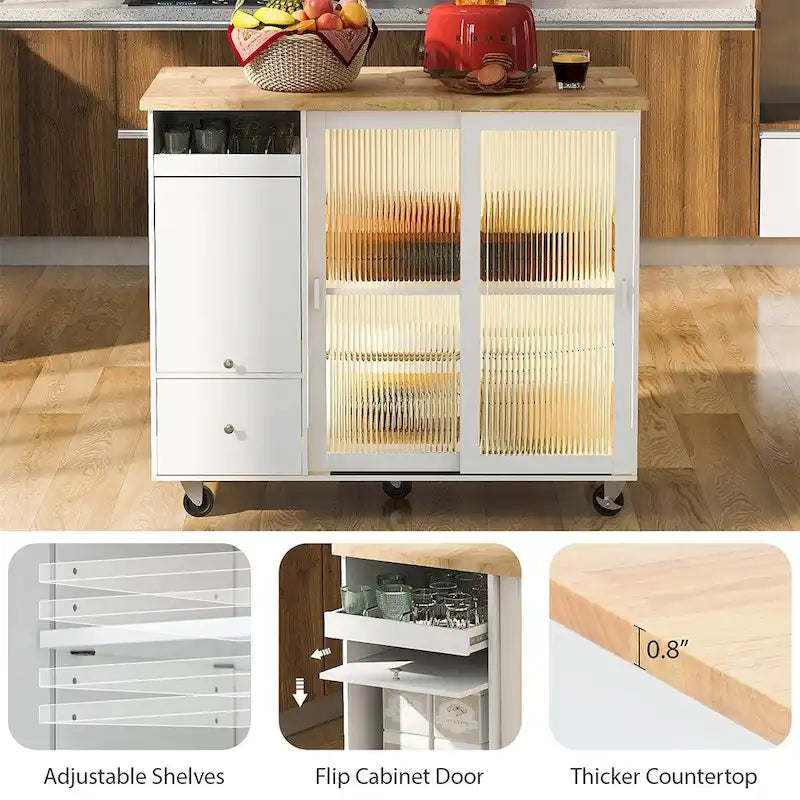 Kitchen Island Cart with Drop Leaf, LED Light and Changeable Wheels or Feet