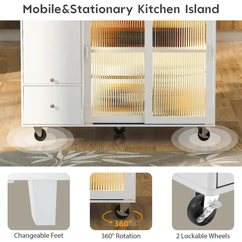 Kitchen Island Cart with Drop Leaf, LED Light and Changeable Wheels or Feet