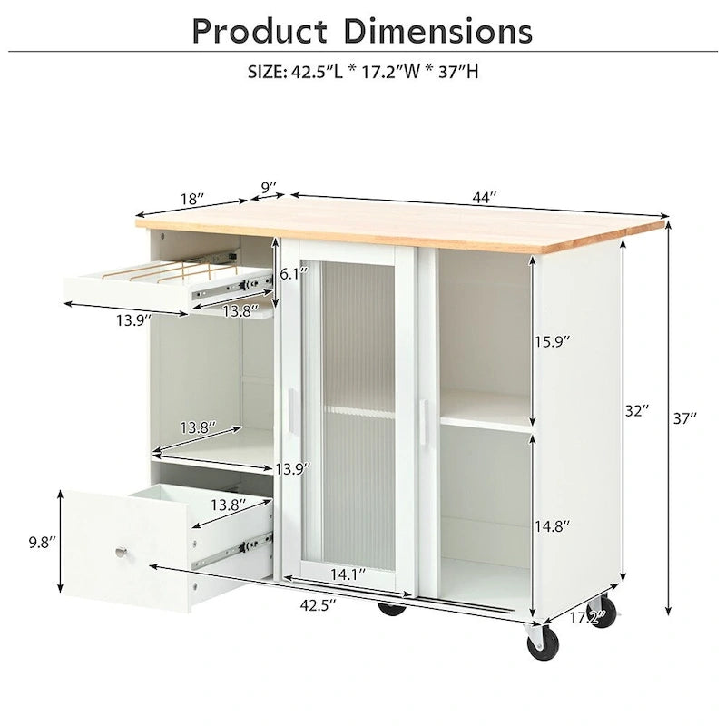Kitchen Island Cart with Drop Leaf, LED Light and Changeable Wheels or Feet