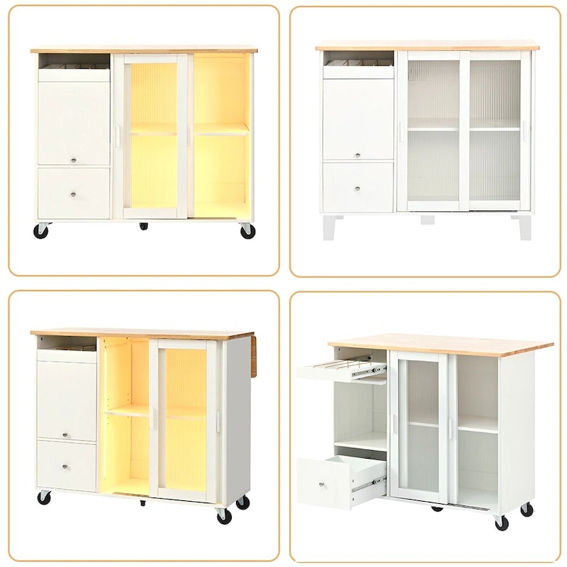 Kitchen Island Cart with Drop Leaf, LED Light and Changeable Wheels or Feet