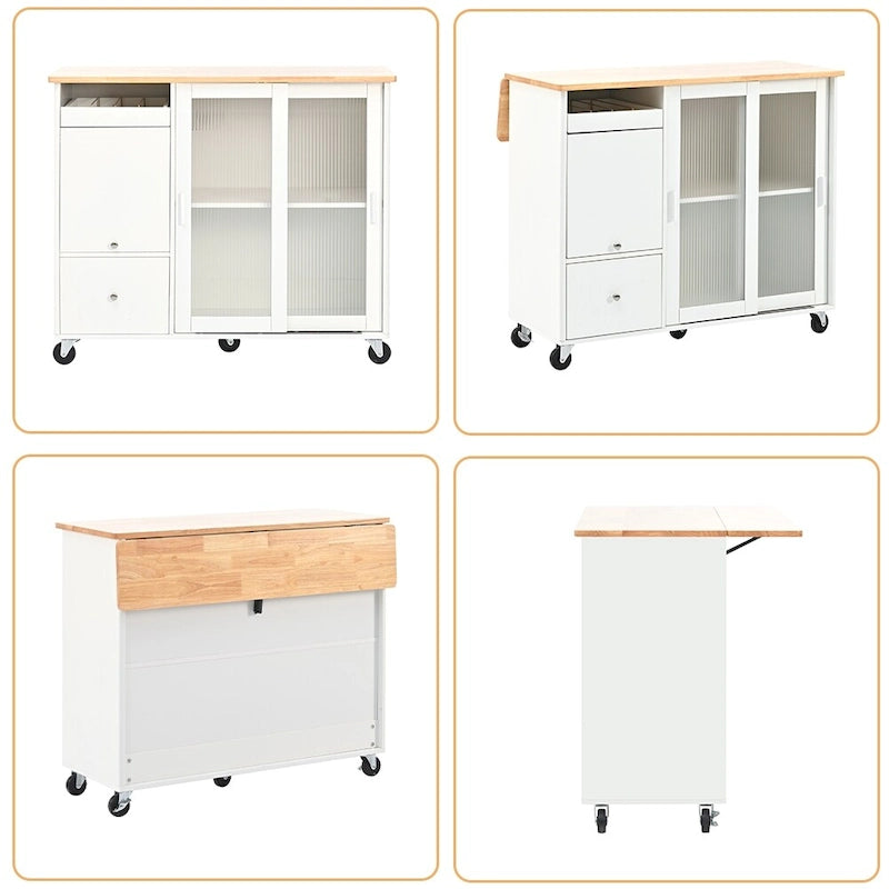 Kitchen Island Cart with Drop Leaf, LED Light and Changeable Wheels or Feet
