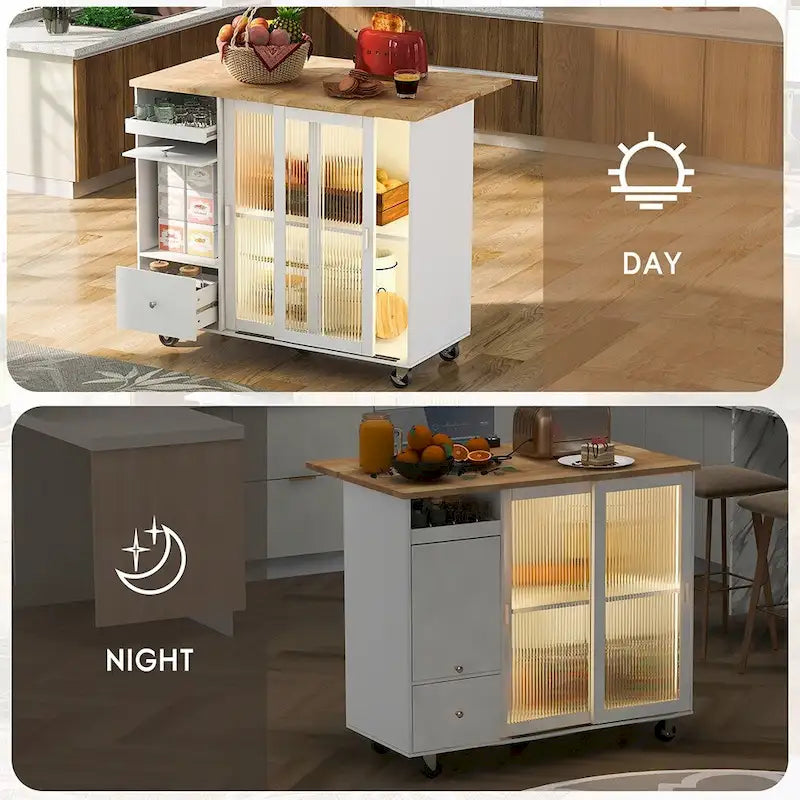 Kitchen Island Cart with Drop Leaf, LED Light and Changeable Wheels or Feet