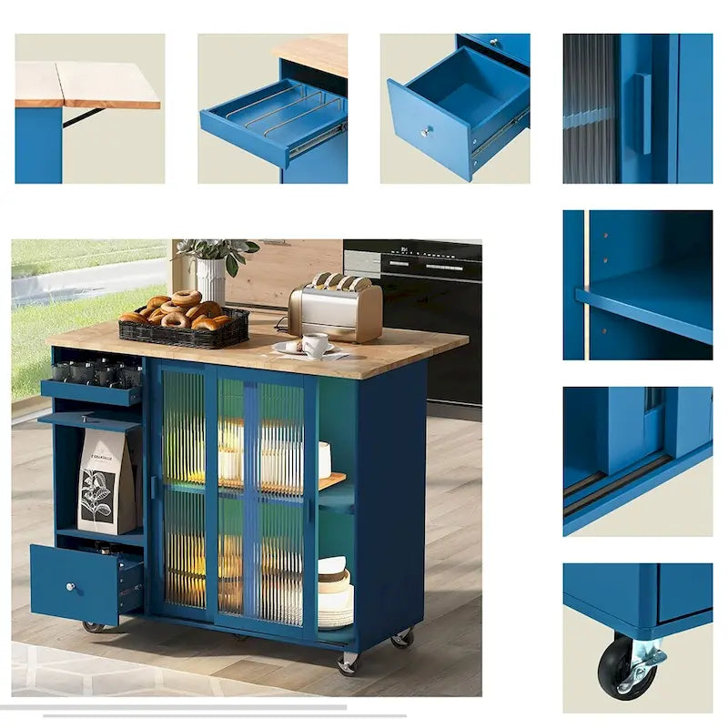 Kitchen Island Cart with Drop Leaf, LED Light and Changeable Wheels or Feet