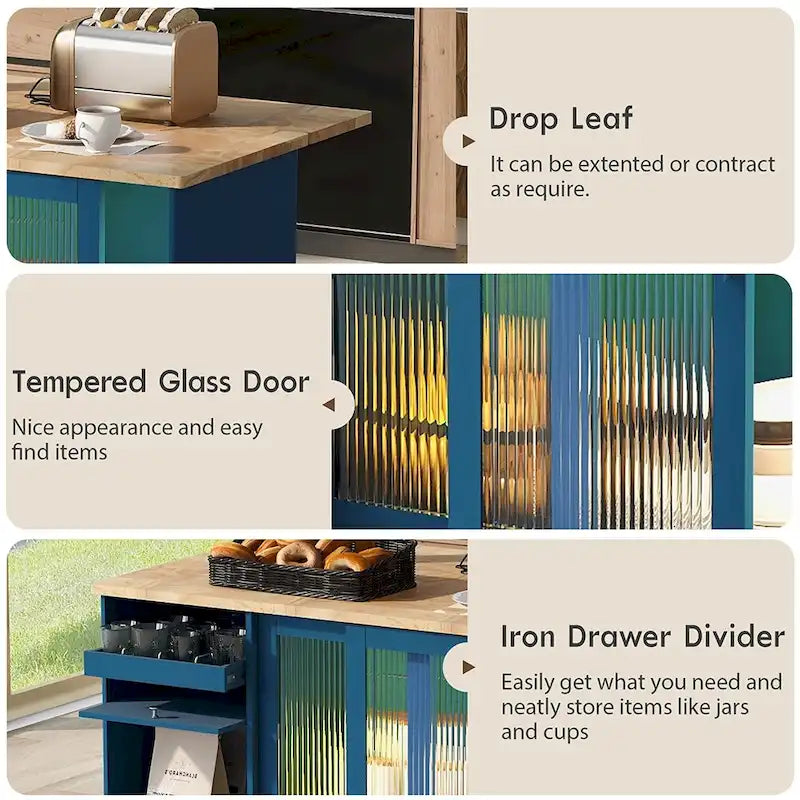 Kitchen Island Cart with Drop Leaf, LED Light and Changeable Wheels or Feet