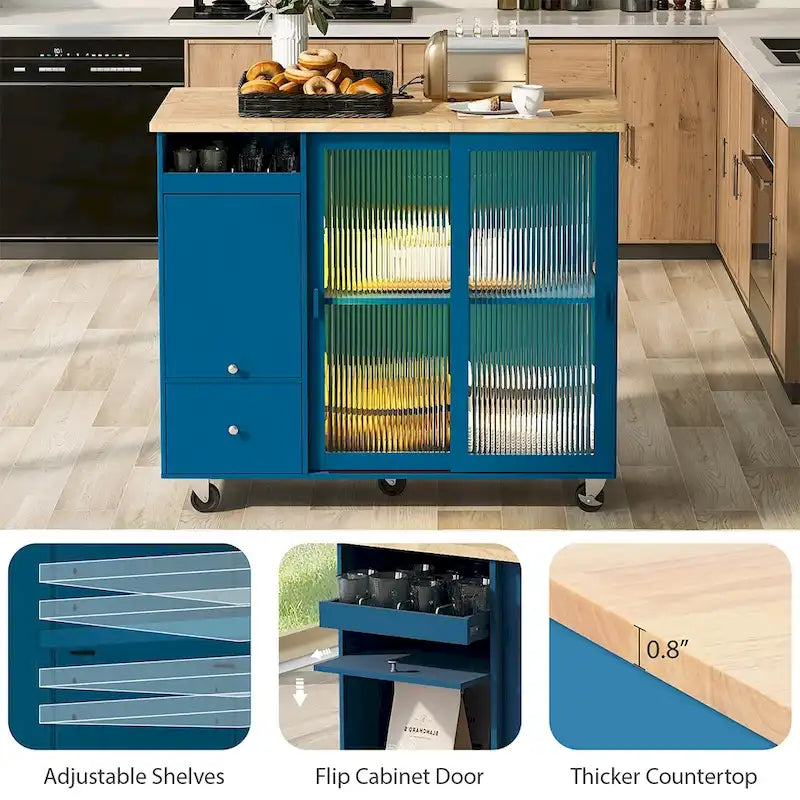 Kitchen Island Cart with Drop Leaf, LED Light and Changeable Wheels or Feet