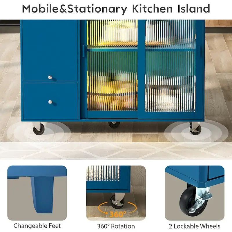 Kitchen Island Cart with Drop Leaf, LED Light and Changeable Wheels or Feet