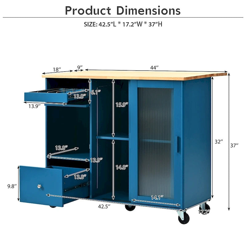 Kitchen Island Cart with Drop Leaf, LED Light and Changeable Wheels or Feet