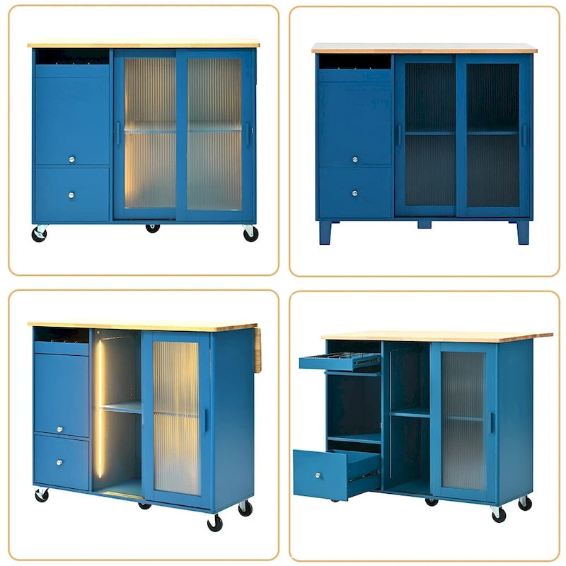Kitchen Island Cart with Drop Leaf, LED Light and Changeable Wheels or Feet