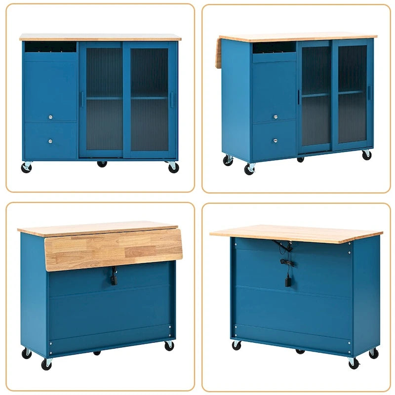 Kitchen Island Cart with Drop Leaf, LED Light and Changeable Wheels or Feet