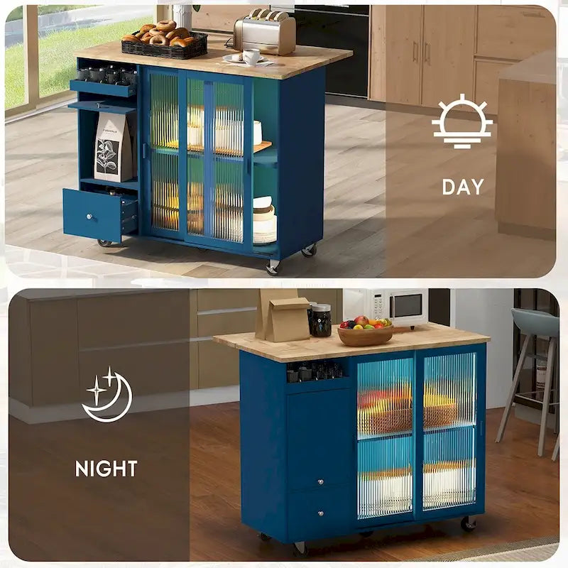 Kitchen Island Cart with Drop Leaf, LED Light and Changeable Wheels or Feet