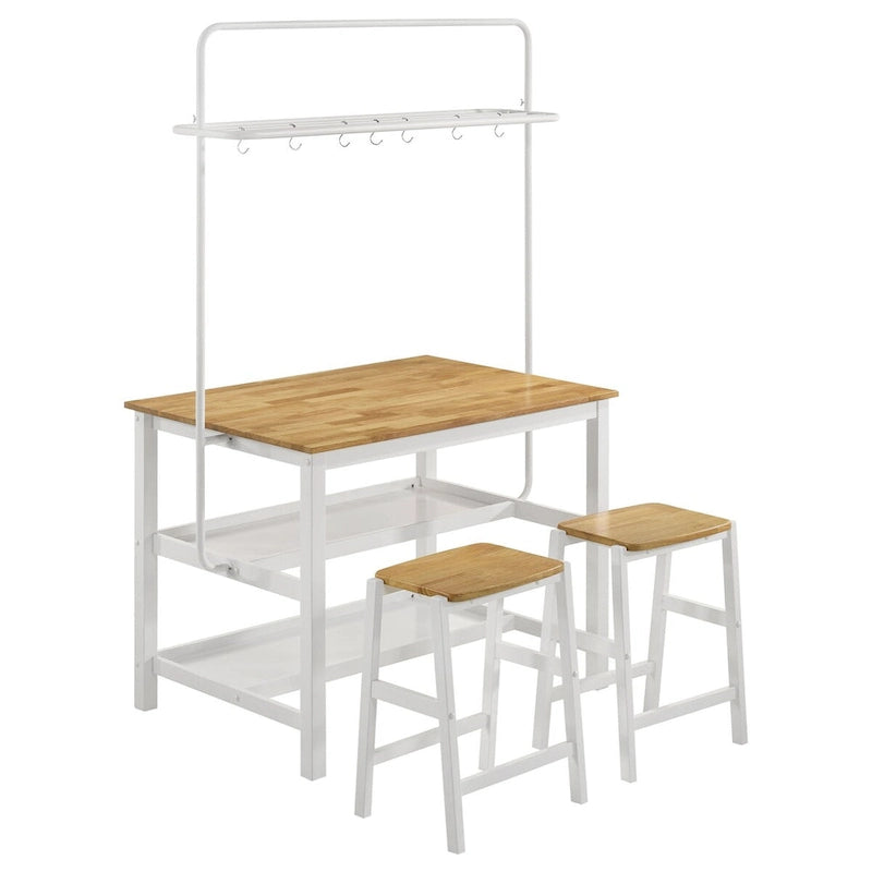 Brown and White Counter Height Kitchen Island Table with Pot Rack
