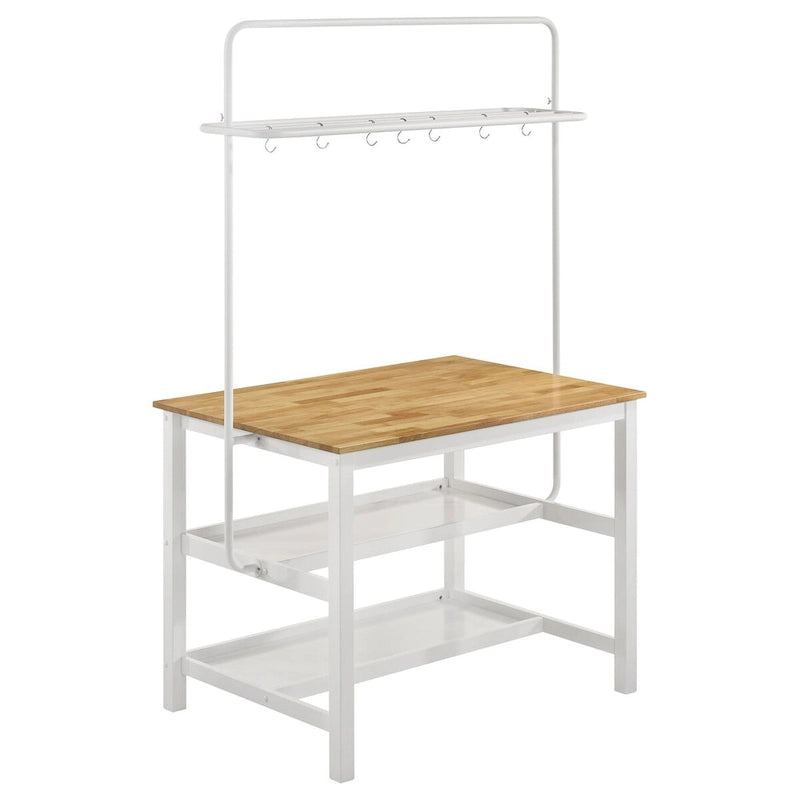 Brown and White Counter Height Kitchen Island Table with Pot Rack