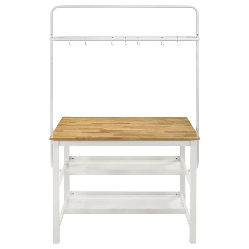 Brown and White Counter Height Kitchen Island Table with Pot Rack