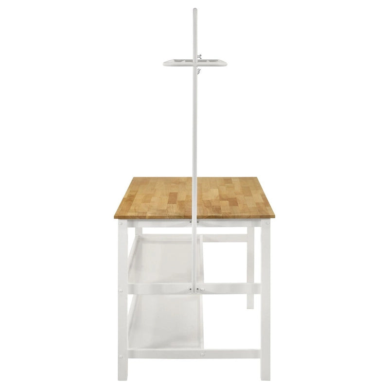 Brown and White Counter Height Kitchen Island Table with Pot Rack