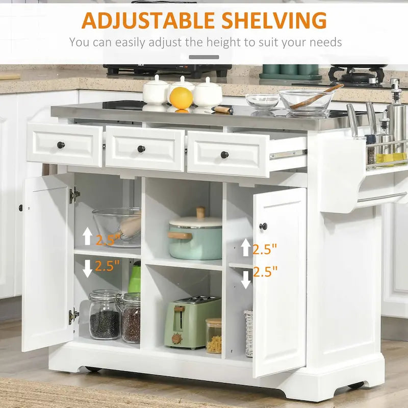 Rolling Kitchen Island with Storage, Stainless Steel Top, Spice Rack
