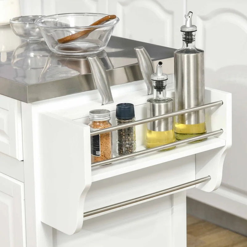 Rolling Kitchen Island with Storage, Stainless Steel Top, Spice Rack