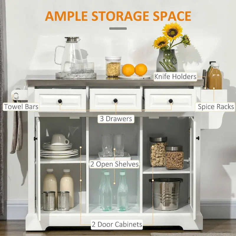 Rolling Kitchen Island with Storage, Stainless Steel Top, Spice Rack