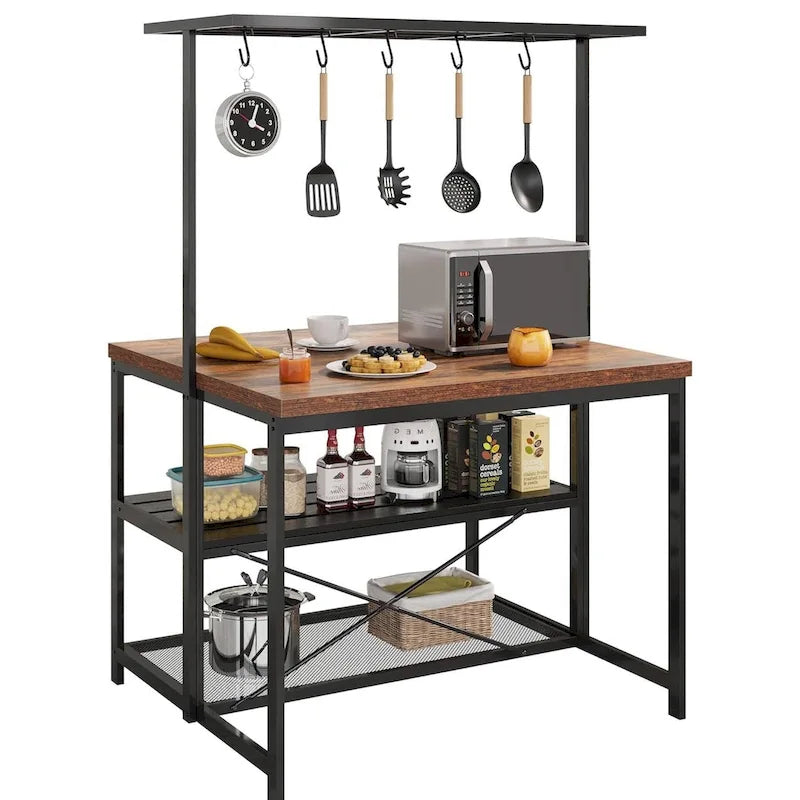42 Inch 3-Tier Kitchen Island Table with Storage Shelf and Hooks