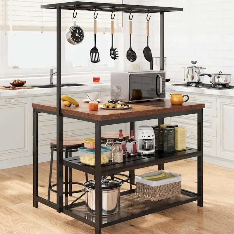 42 Inch 3-Tier Kitchen Island Table with Storage Shelf and Hooks