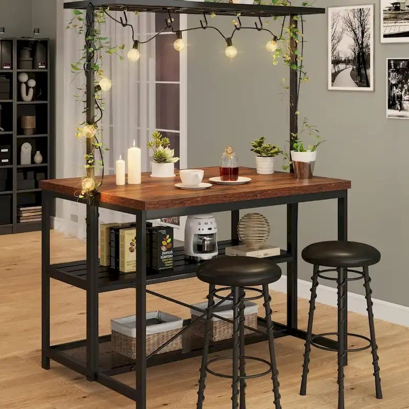 42 Inch 3-Tier Kitchen Island Table with Storage Shelf and Hooks