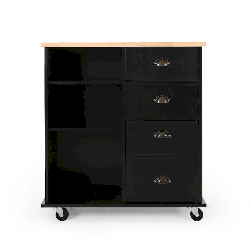 Contemporary Wood Kitchen Cart with Wheels Drawers and Cabinet