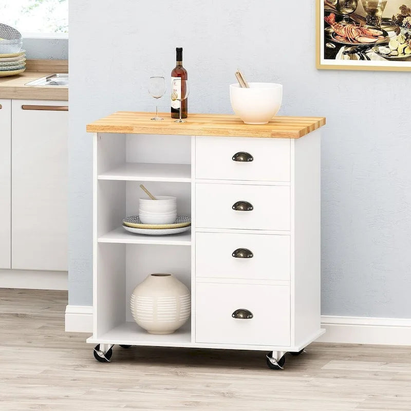 Contemporary Wood Kitchen Cart with Wheels Drawers and Cabinet