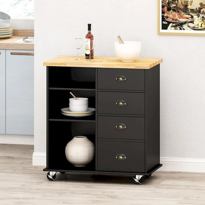 Contemporary Wood Kitchen Cart with Wheels Drawers and Cabinet