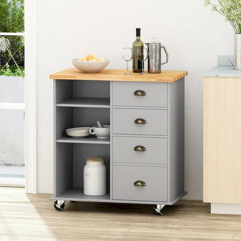 Contemporary Wood Kitchen Cart with Wheels Drawers and Cabinet