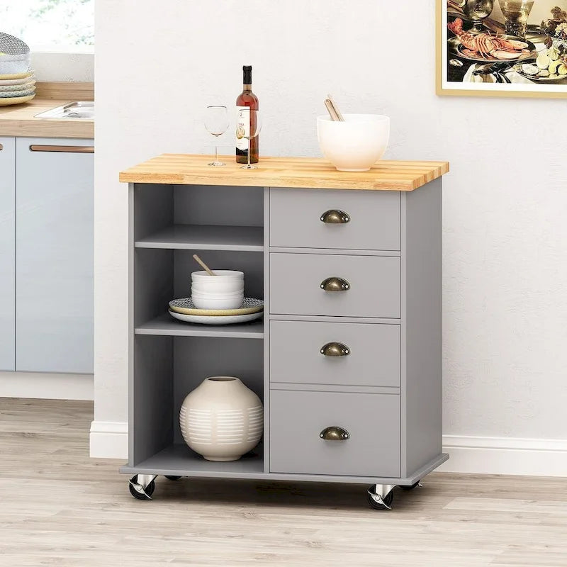 Contemporary Wood Kitchen Cart with Wheels Drawers and Cabinet
