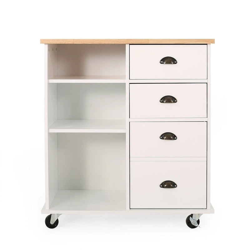 Contemporary Wood Kitchen Cart with Wheels Drawers and Cabinet