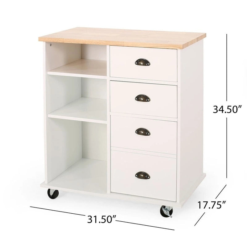 Contemporary Wood Kitchen Cart with Wheels Drawers and Cabinet