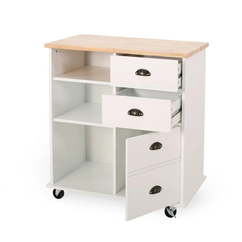 Contemporary Wood Kitchen Cart with Wheels Drawers and Cabinet