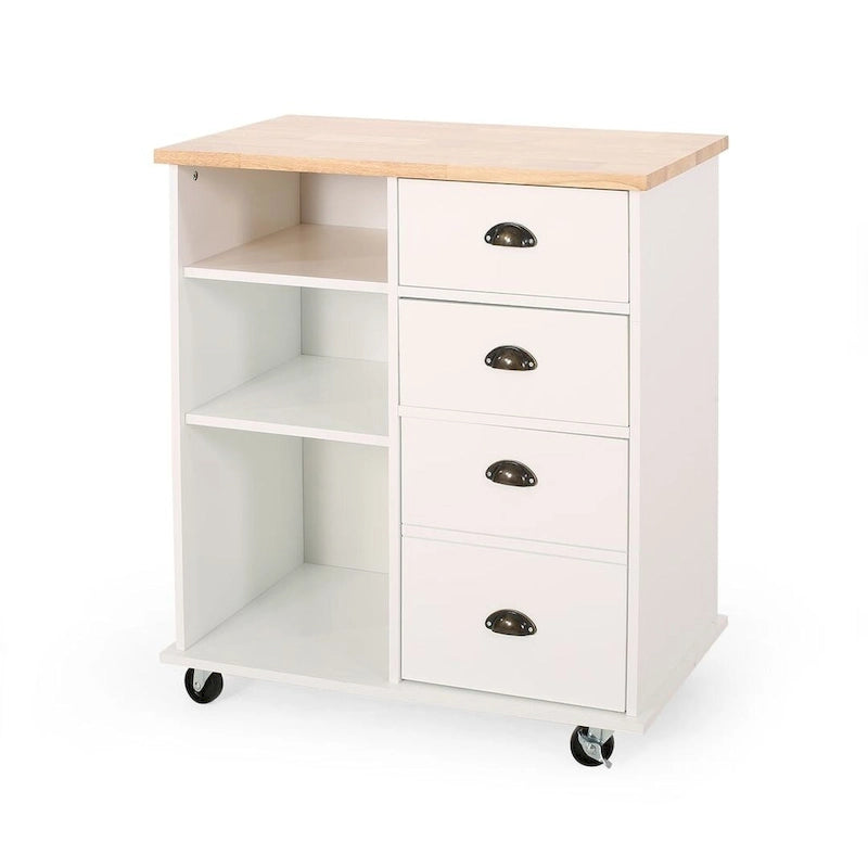 Contemporary Wood Kitchen Cart with Wheels Drawers and Cabinet