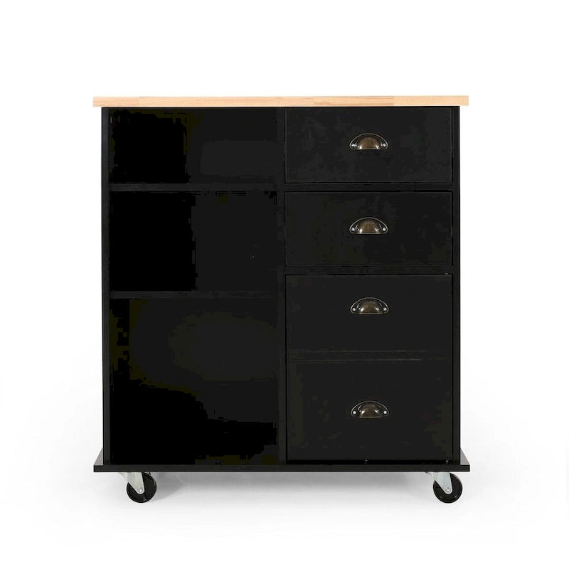 Contemporary Wood Kitchen Cart with Wheels Drawers and Cabinet