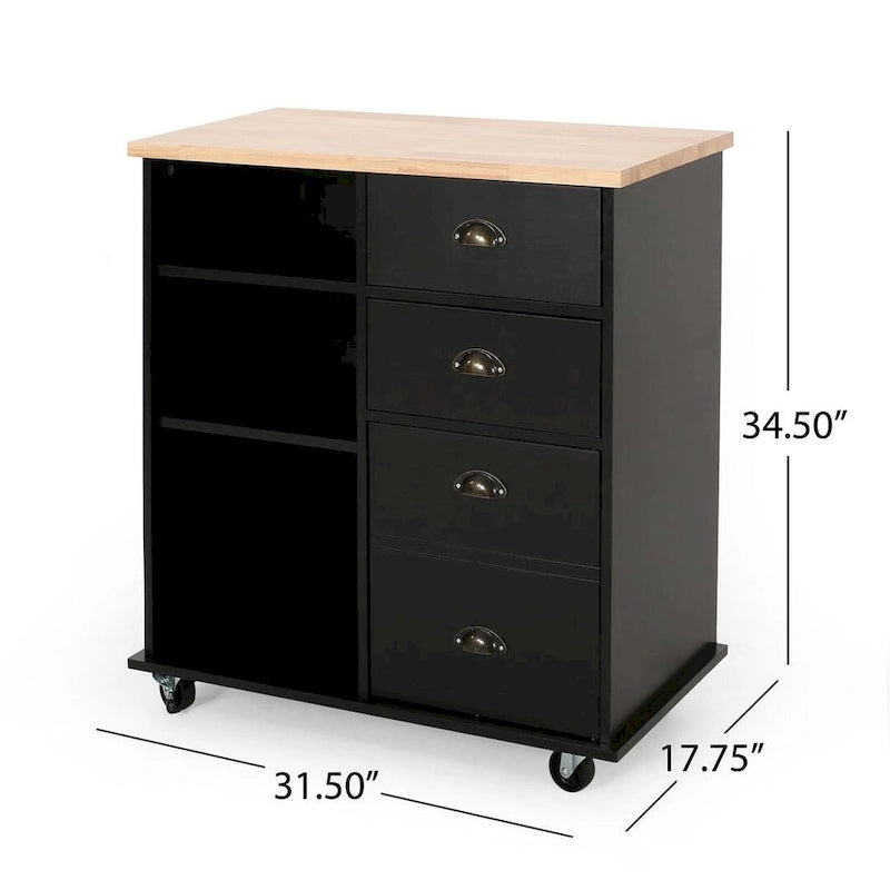 Contemporary Wood Kitchen Cart with Wheels Drawers and Cabinet