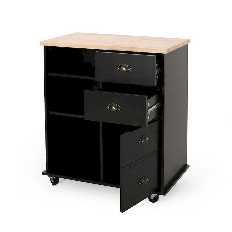 Contemporary Wood Kitchen Cart with Wheels Drawers and Cabinet