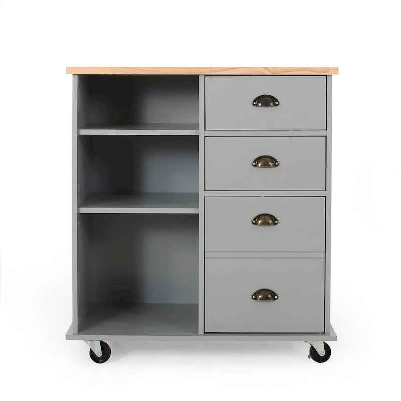 Contemporary Wood Kitchen Cart with Wheels Drawers and Cabinet