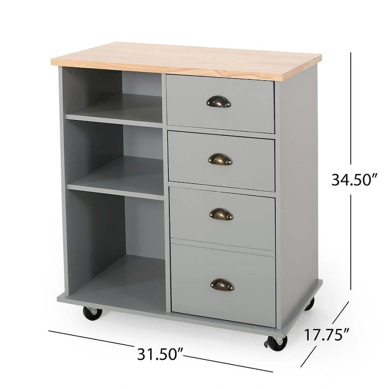 Contemporary Wood Kitchen Cart with Wheels Drawers and Cabinet
