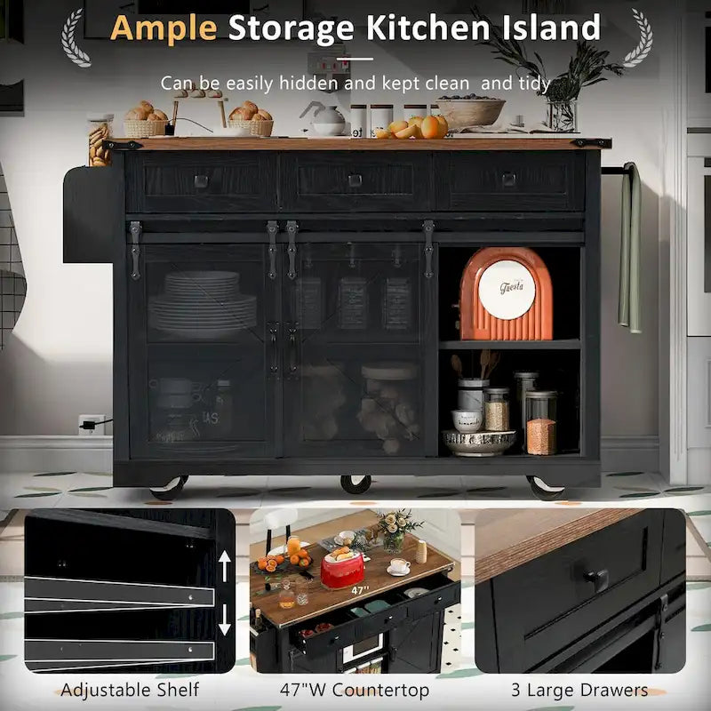 53.7" Farmhouse Kitchen Island with Power Outlet, 2 Sliding Barn Doors, Drop Leaf Storage, Spice Rack Cart On Wheels