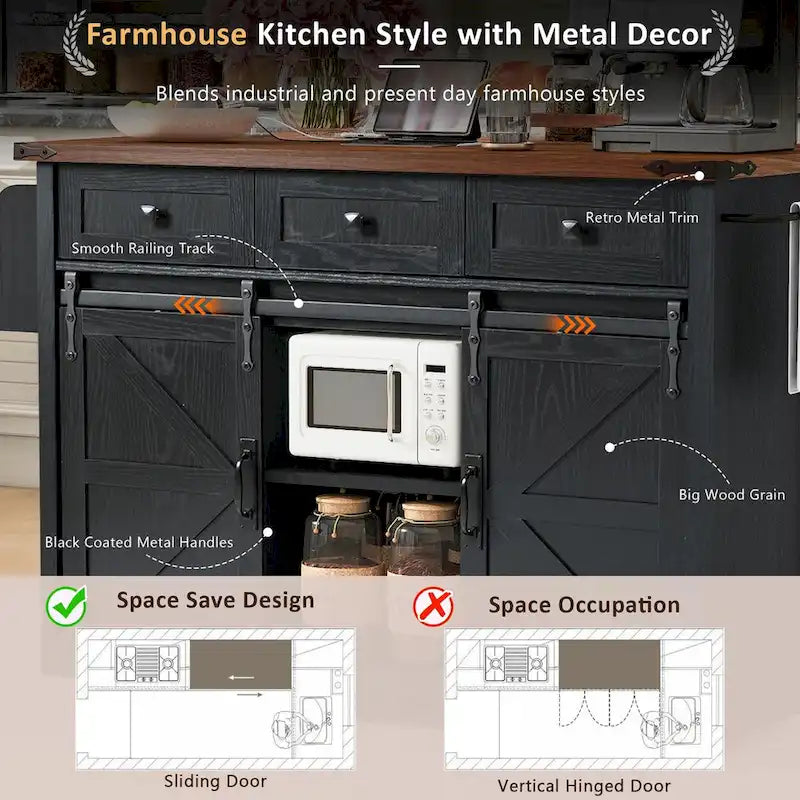 53.7" Farmhouse Kitchen Island with Power Outlet, 2 Sliding Barn Doors, Drop Leaf Storage, Spice Rack Cart On Wheels