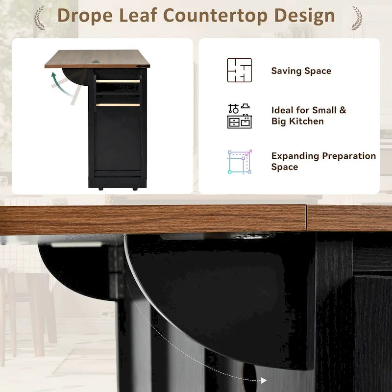 53.7" Farmhouse Kitchen Island with Power Outlet, 2 Sliding Barn Doors, Drop Leaf Storage, Spice Rack Cart On Wheels