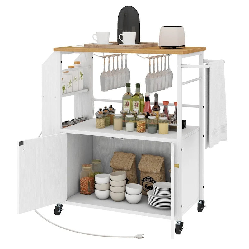 Rolling Portable Kitchen Island Cart With Power Outlet And Open Shelves