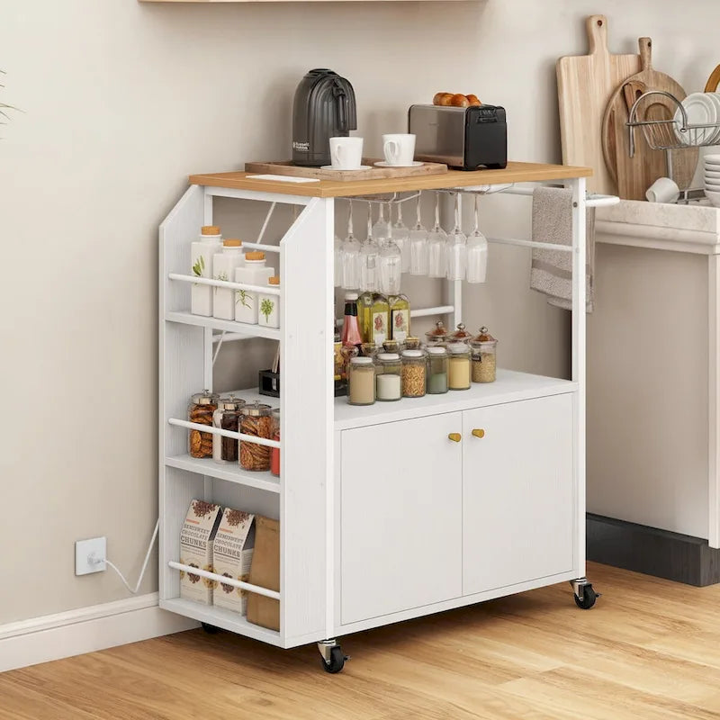 Rolling Portable Kitchen Island Cart With Power Outlet And Open Shelves