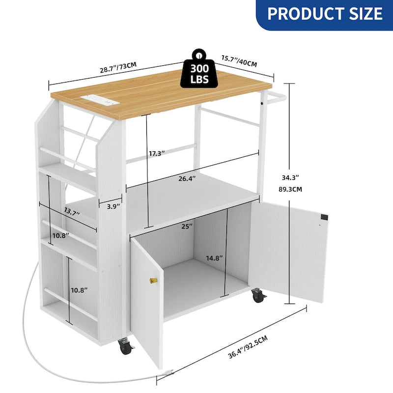 Rolling Portable Kitchen Island Cart With Power Outlet And Open Shelves