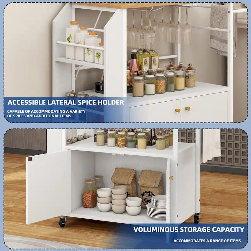 Rolling Portable Kitchen Island Cart With Power Outlet And Open Shelves