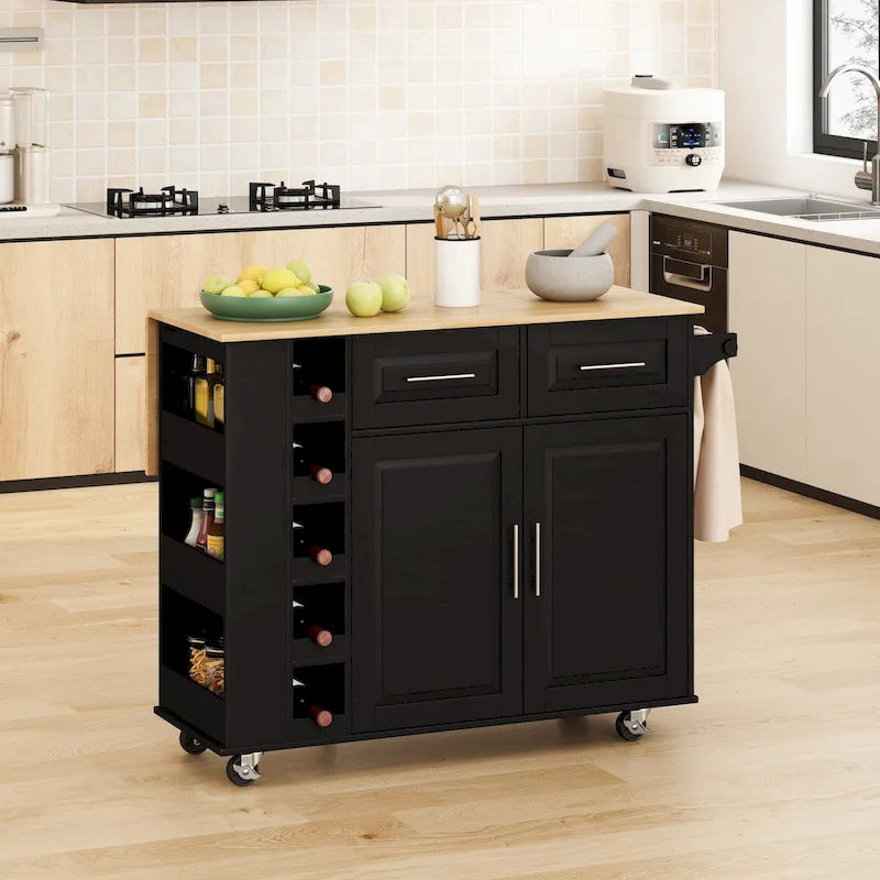 Kitchen Island Cart with Spice Rack, Towel Holder and Wine Rack on Wheels